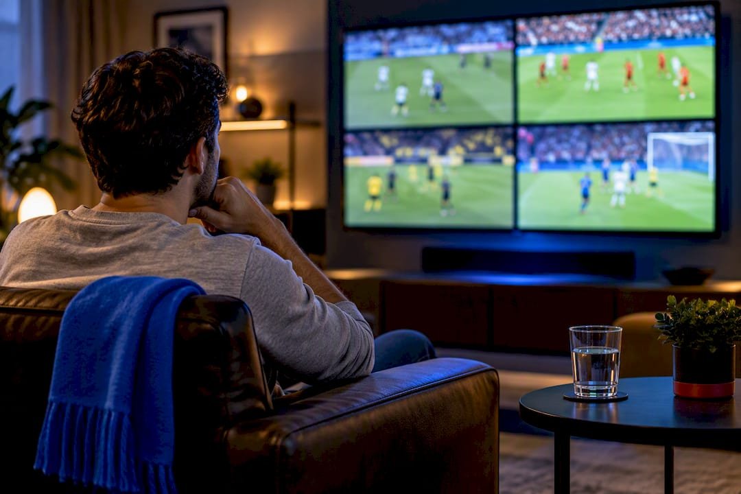 Fan watching multiple soccer matches simultaneously