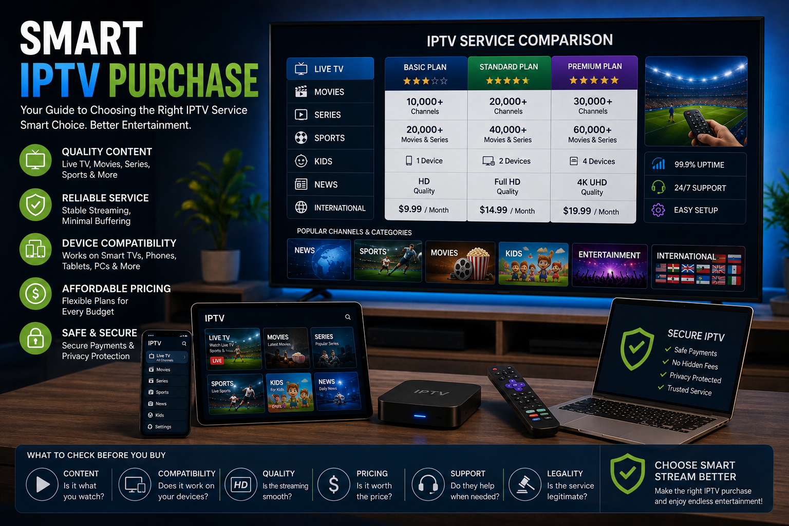 Smart IPTV purchase guide comparing content pricing and device compatibility