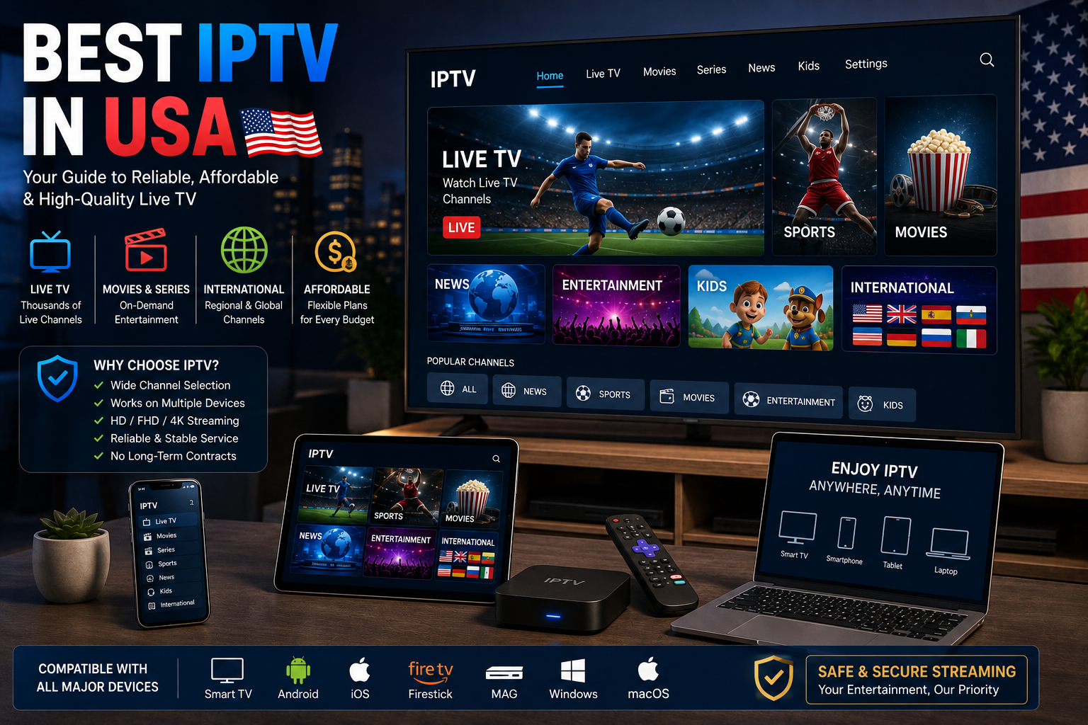 Best IPTV in USA guide showing live TV and compatible streaming devices