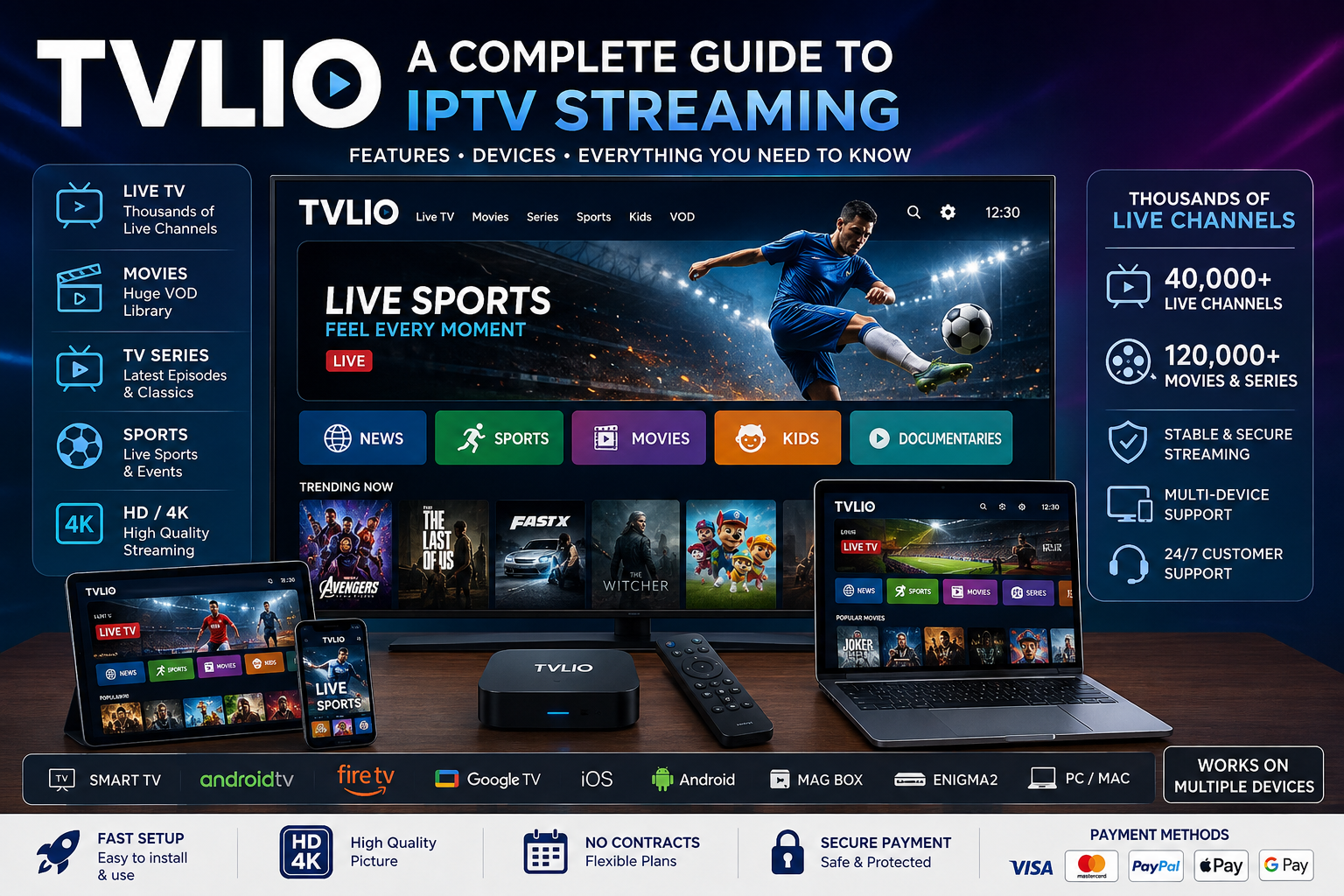 TVLIO IPTV complete guide showing live TV, movies, sports and streaming devices