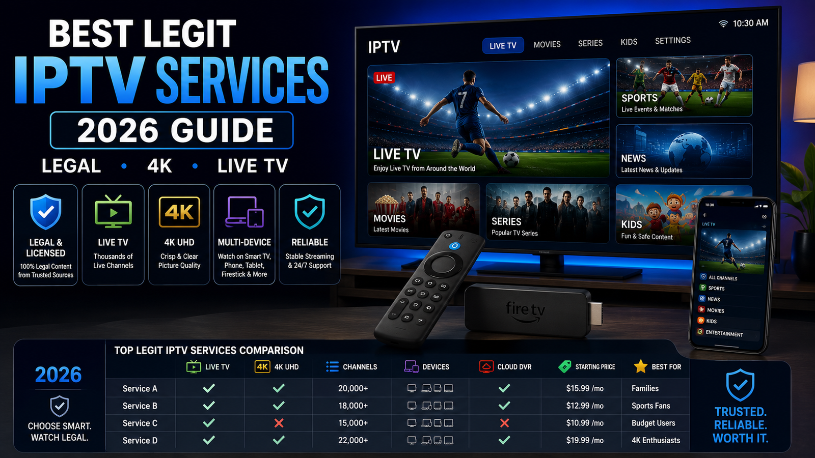 Best legit IPTV services in 2026 for legal 4K live TV streaming