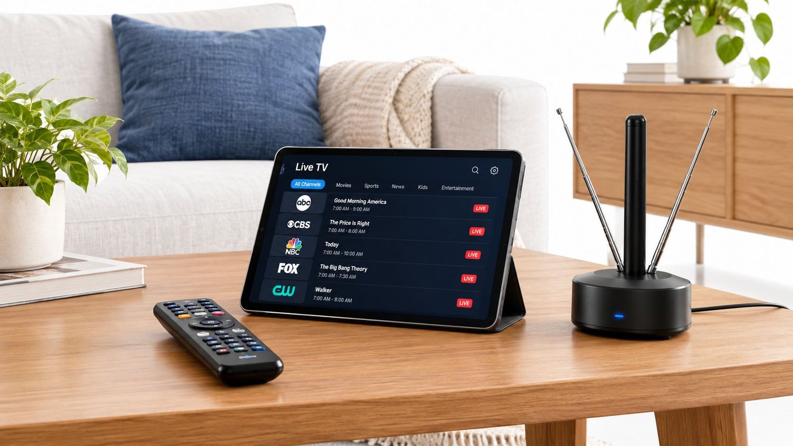 A digital tablet displaying a live television interface next to an indoor antenna and remote on a table.