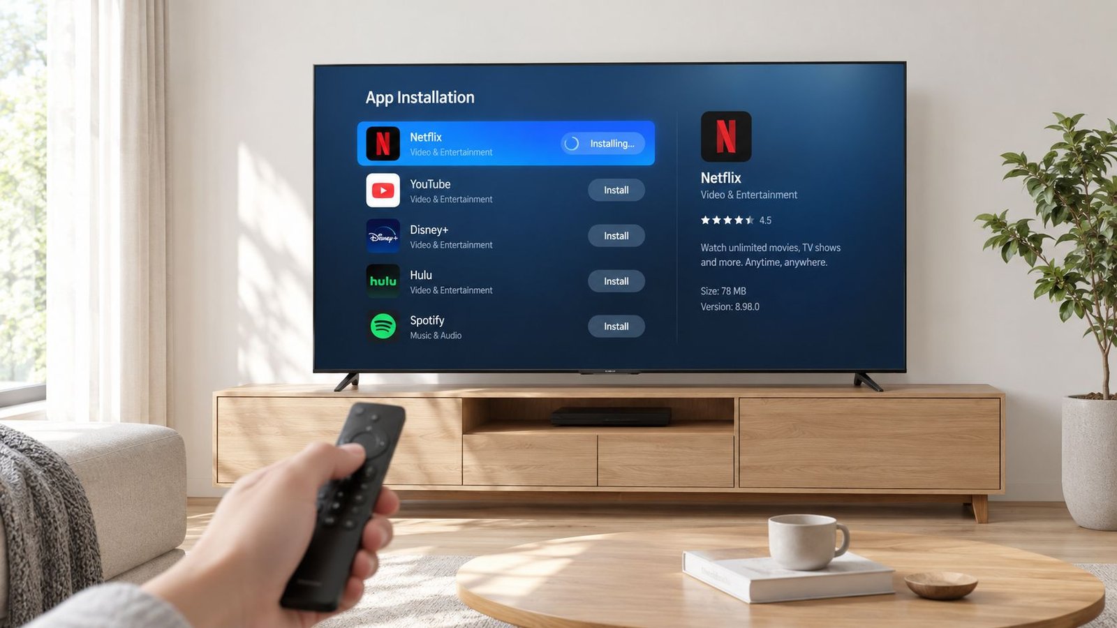 A person using a television remote to install the Netflix app on a smart television screen.