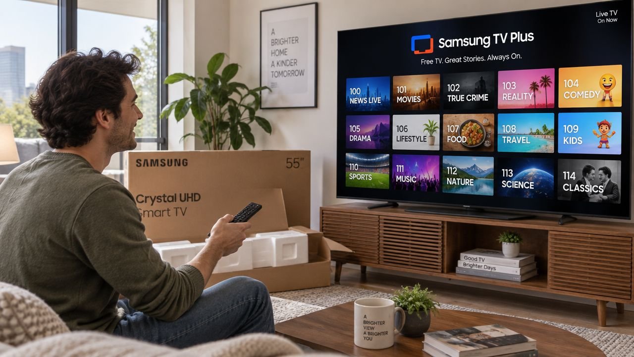 A man sitting on a sofa using a remote to navigate the Samsung TV Plus channel menu.